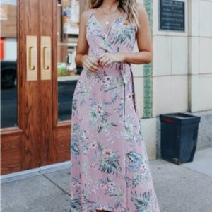Dusty Pink Floral Wrap Midi Dress